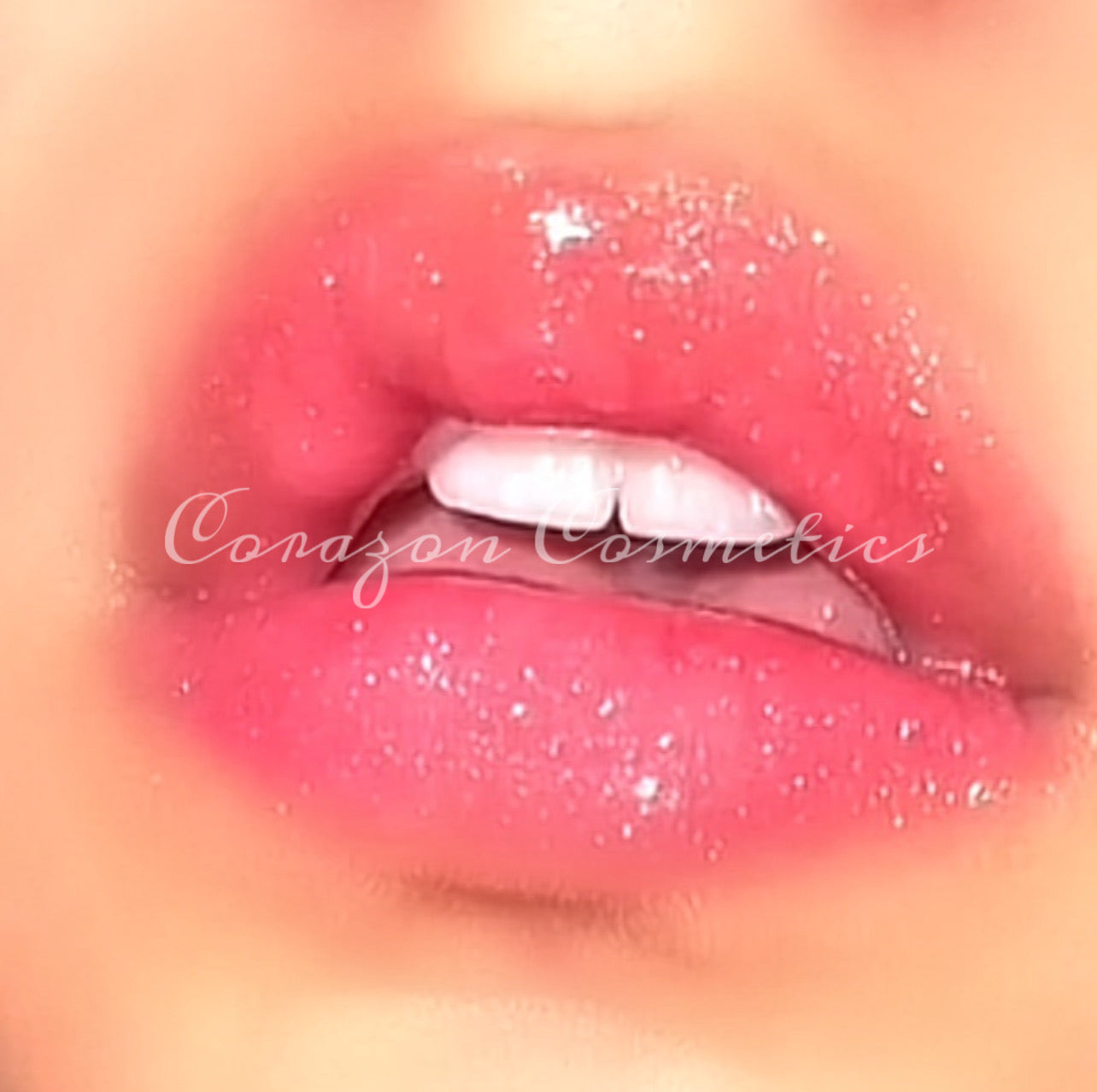 Swatch on lips, Corazon Cosmetics Shade lolita heart shaped lipgloss vegan and cruelty free small business Corazon Cosmetics high shine gloss smooth forumla and long lasting