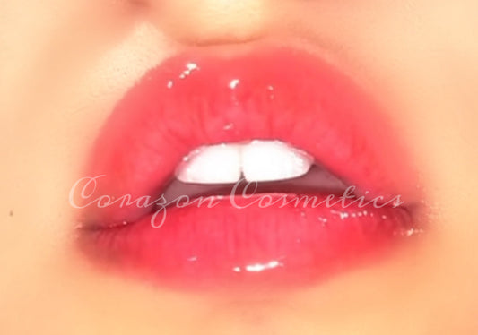 Swatch on lips, Corazon Cosmetics Shade Lovely heart shaped lipgloss vegan and cruelty free small business Corazon Cosmetics high shine gloss smooth forumla and long lasting